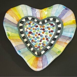 MacKenzie Childs Rainbow Fluted Heart Plate Small Trinket Tray Handmade Painted
